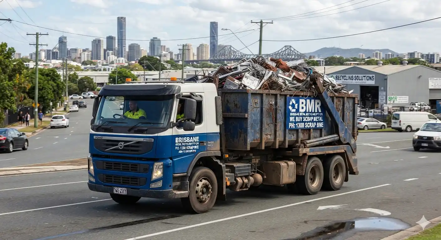 A Brisbane Metal Recyclers truck loaded with mixed scrap metal driving through a Brisbane suburb with the city skyline and Story Bridge in the background.