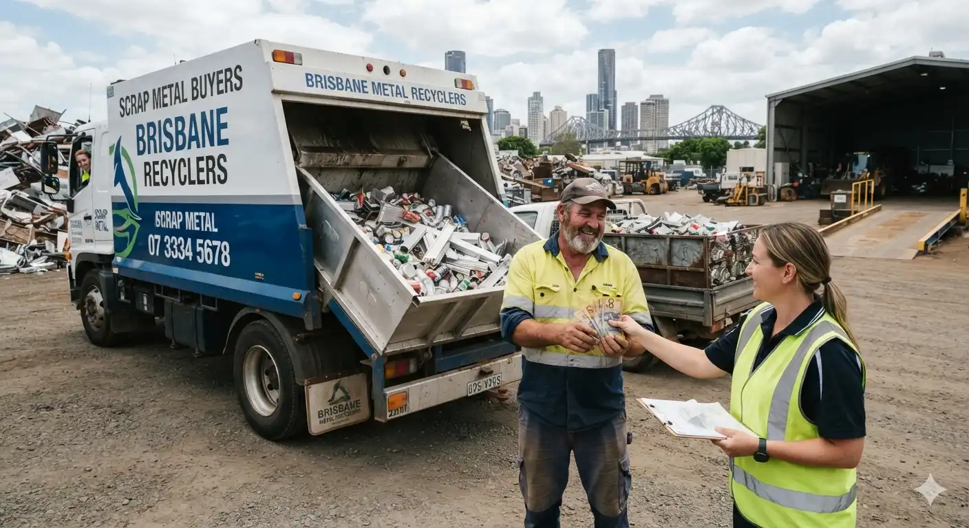 A yard worker receiving cash payment from a Brisbane Metal Recyclers staff member after dropping off a sorted load of scrap metal with the Brisbane skyline in the background.