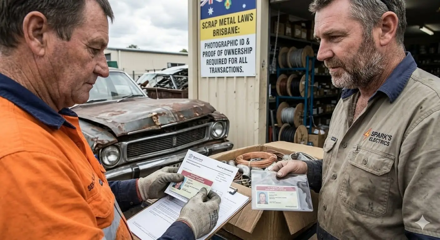 A scrap yard worker checking a Queensland driver's licence and proof of ownership from an electrician with a box of copper scrap at a Brisbane yard.