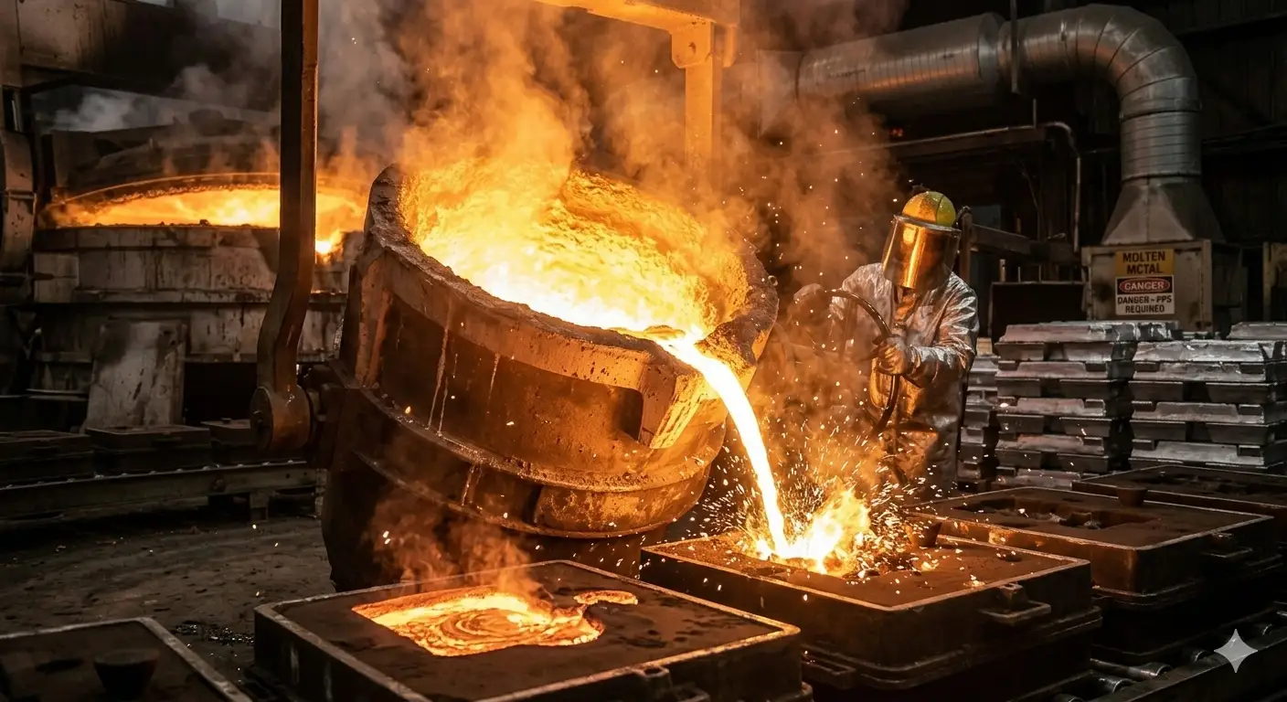 A worker in full protective gear overseeing molten metal being poured into casting moulds at a steel recycling foundry.