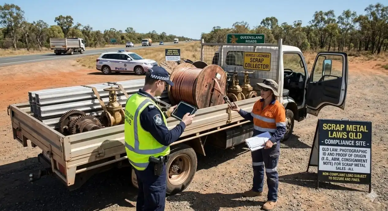 A Queensland police officer checking documents of a licensed scrap metal collector on a roadside compliance site with copper reels and brass fittings on the truck.