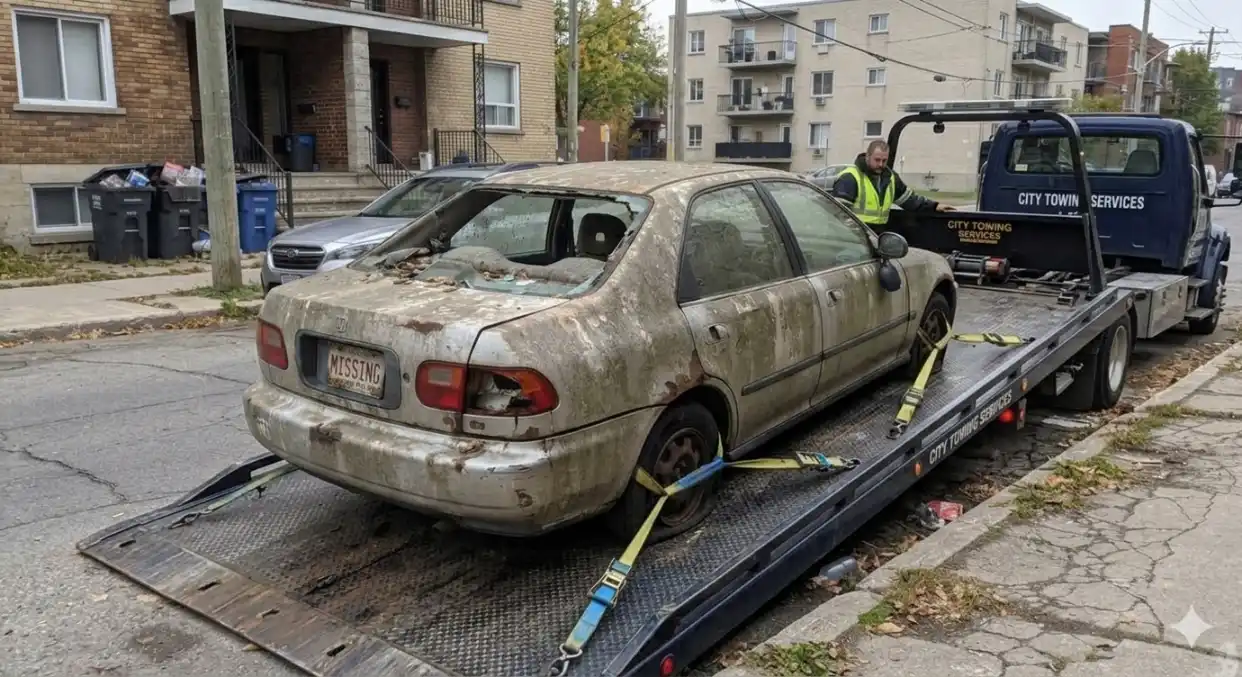 A tow truck worker securing a heavily rusted unregistered car onto a flatbed tow truck for scrap car removal from a residential street.