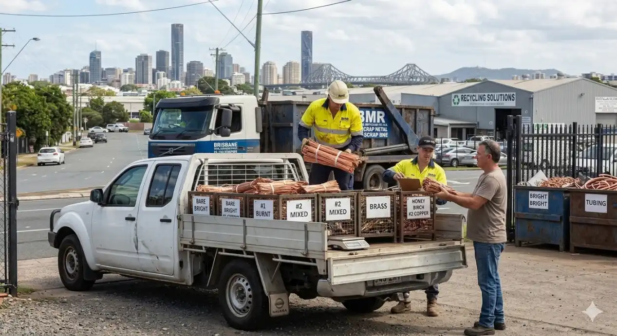 Two workers in hi-vis unloading labelled bins of sorted copper grades including bare bright and brass from a ute tray at a Brisbane scrap metal recycling yard.