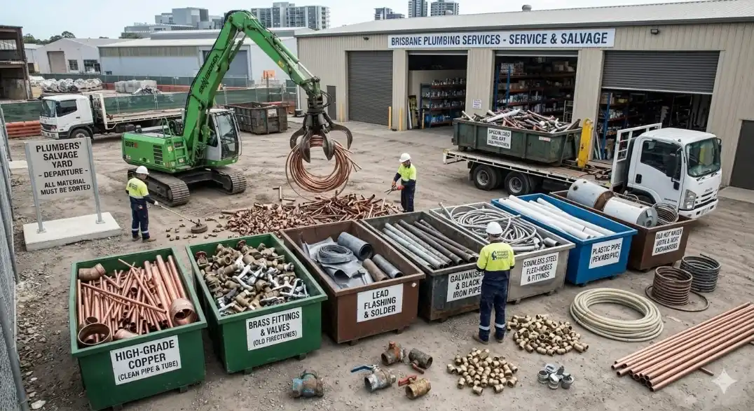 Workers sorting copper pipes, brass fittings and steel into labelled scrap bins at a Brisbane plumbing salvage yard with a grapple crane in the background.