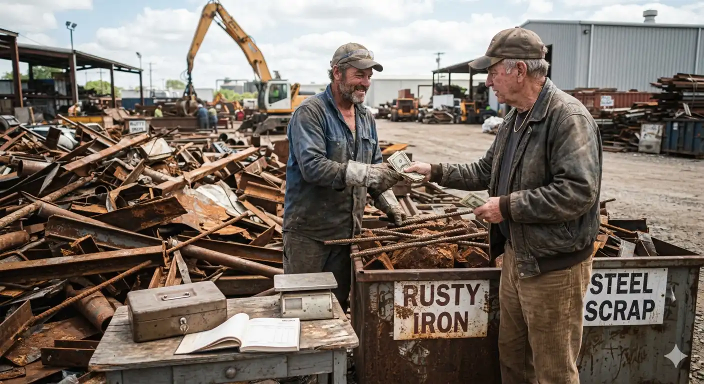 Two workers exchanging cash at a Brisbane scrap yard next to labelled rusty iron and steel scrap bins with an excavator and scrap piles in the background.
