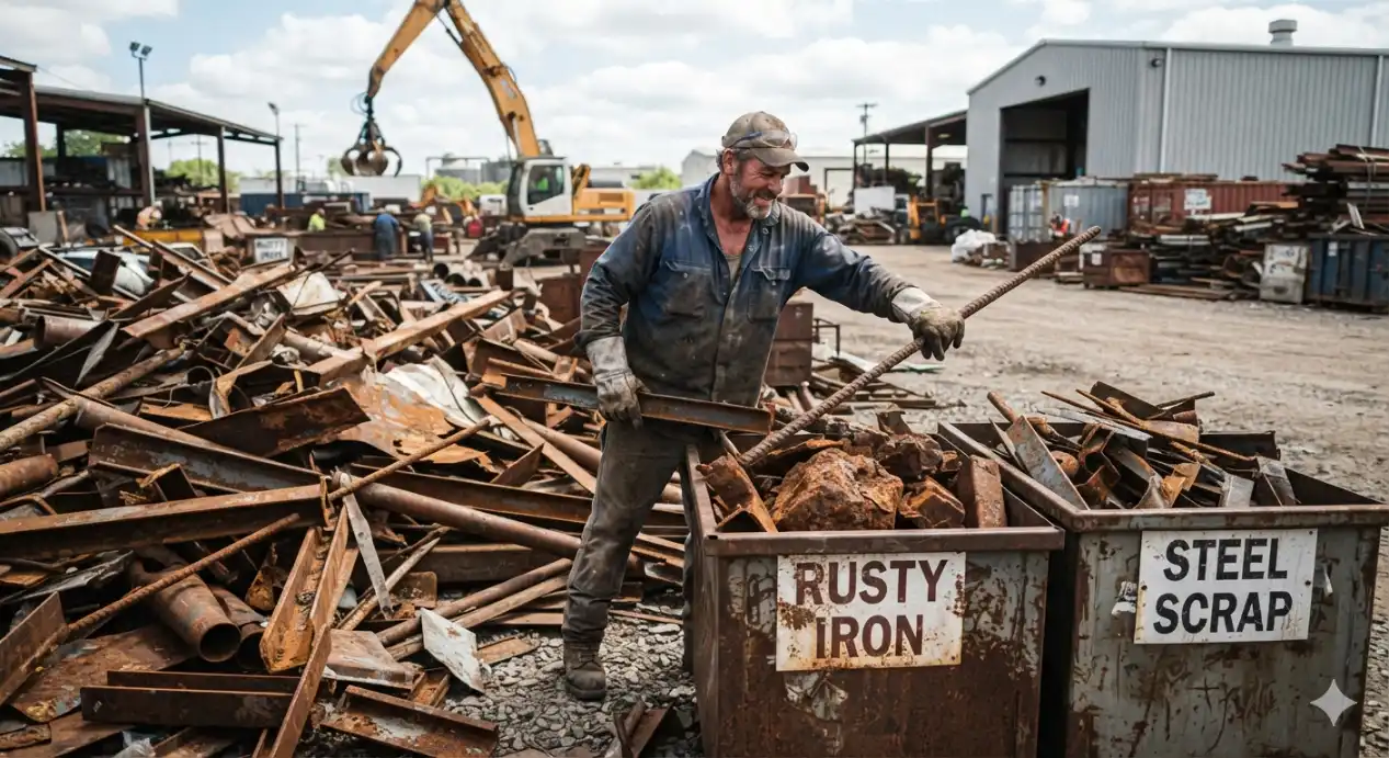 A scrap yard worker sorting rusty iron rebar and metal pieces into labelled rusty iron and steel scrap bins at a Brisbane recycling facility with a grapple crane operating in the background.