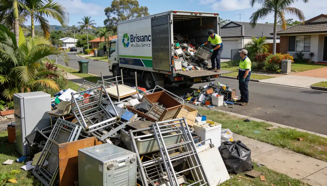Two council workers in hi-vis vests collecting large piles of bulk waste including old furniture metal frames chairs and appliances into a Brisbane council service truck parked on a sunny Queensland suburban street with palm trees in the background.
