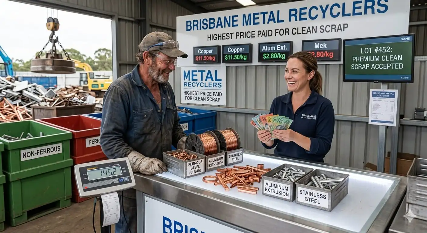 Brisbane Metal Recyclers staff paying cash for pre-sorted clean copper, aluminium and stainless steel scrap, with ferrous and non-ferrous bins and live pricing screens in the yard.