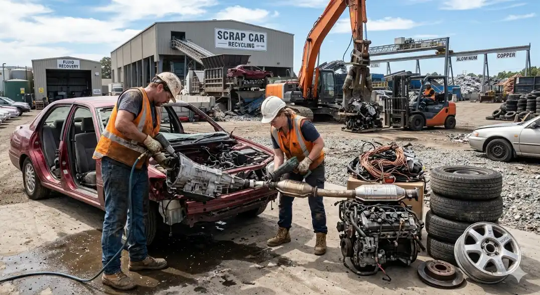 Workers in high-vis and hard hats draining fluids and removing the engine, catalytic converter and wheels from a scrap sedan at a recycling yard, with a crane and scrap car recycling building behind.