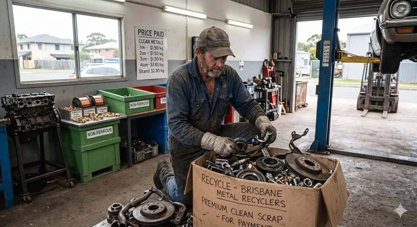 Mechanic sorting gears, brake rotors and other high-yield car parts into a labeled box for Brisbane Metal Recyclers, with non-ferrous copper and brass bins visible on the workbench behind.