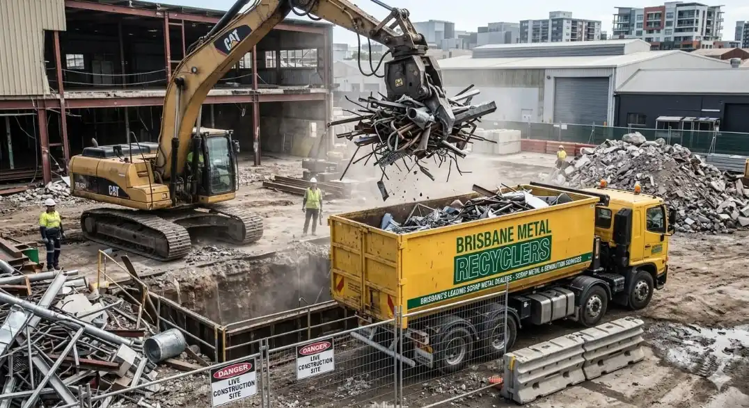 Excavator loading structural steel and mixed metal scrap into a bulk collection bin at a Brisbane demolition site.