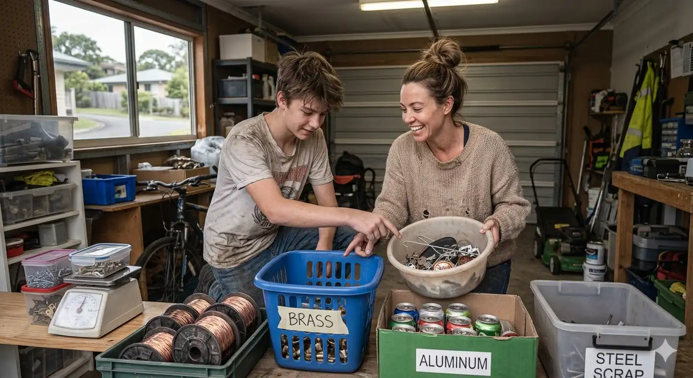 A parent and teenager sorting household scrap into labeled bins for brass, aluminium and steel in a home garage, with copper wire spools and aluminium cans ready for recycling.