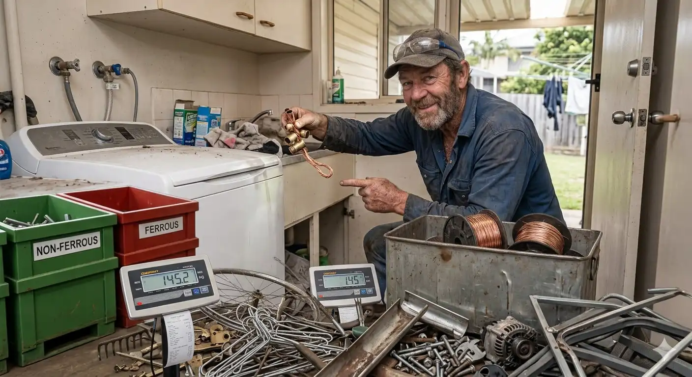 Homeowner holding copper pipe fittings beside a laundry sink, with ferrous and non-ferrous bins, spools of copper wire and an old alternator laid out for sorting in a Brisbane garage.