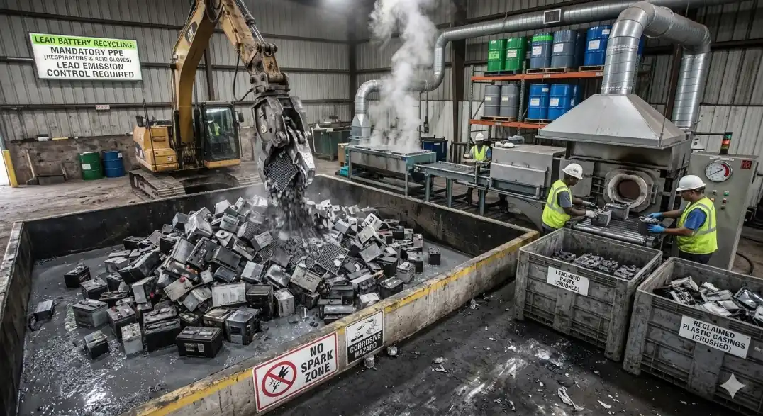 Workers processing crushed lead-acid batteries at a licensed recycling facility with PPE and hazard signage.