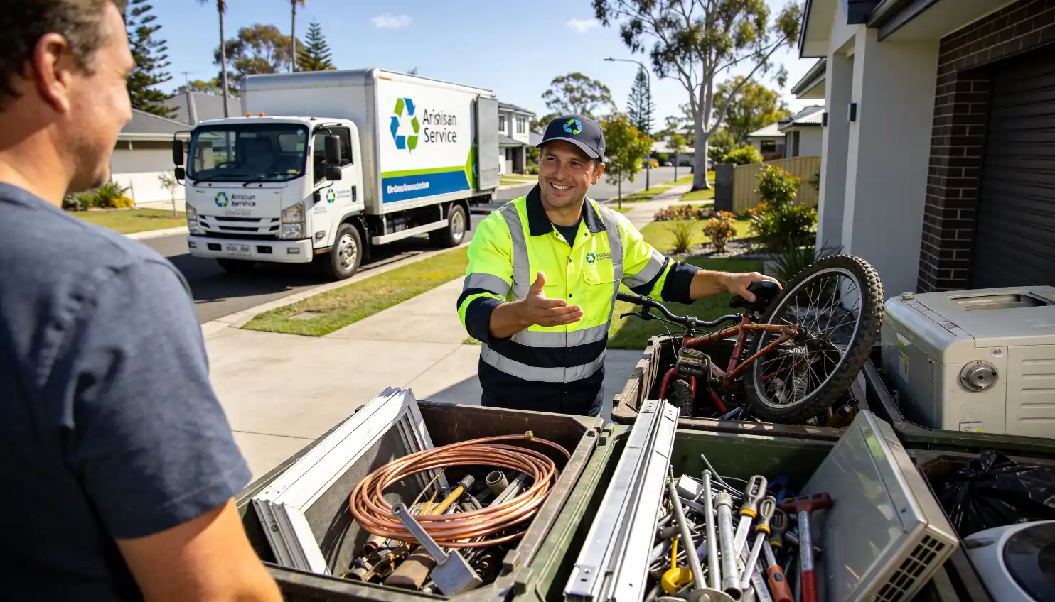 A smiling recycling service professional in a hi-vis vest discussing scrap metal collection including an old bicycle copper pipes and tools with a homeowner in front of a recycling truck on a Brisbane suburban driveway.