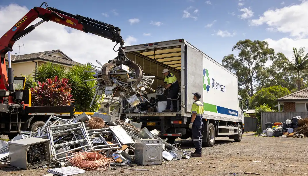 Two workers in hi-vis vests using a red hydraulic crane with a claw attachment to load large piles of scrap metal copper wire and old appliances into a white recycling truck.