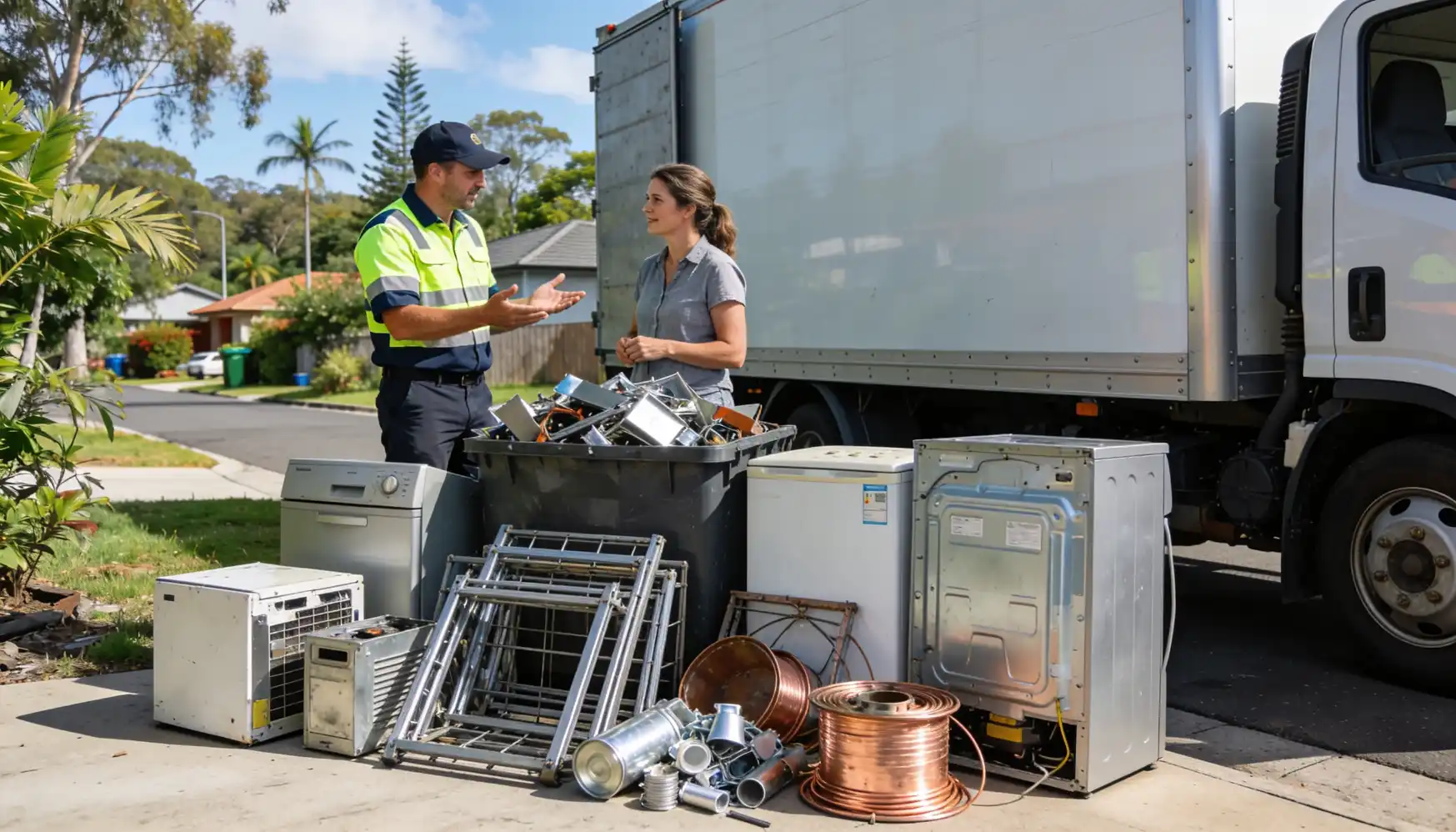 A recycling operator in a hi-vis vest explaining scrap collection options to a female homeowner standing beside old appliances copper wiring and scrap metal bins in front of a white recycling truck on a sunny Queensland suburban driveway.