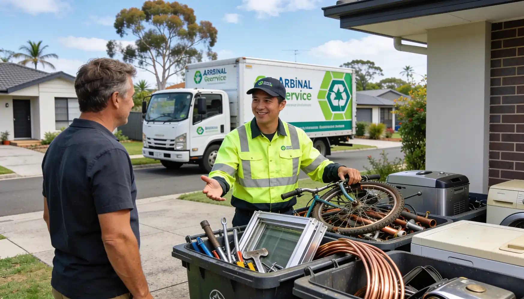 A friendly recycling service operator in a hi-vis vest and cap talking to a homeowner while collecting scrap items including an old bicycle copper wiring and household tools in front of a recycling truck on a Brisbane suburban street.