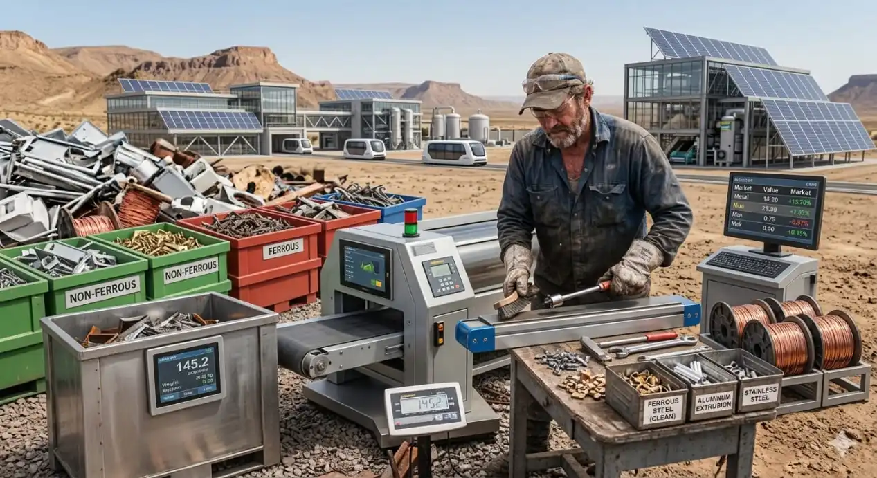 Worker stripping and sorting scrap copper wire, aluminium extrusions and stainless steel into labeled ferrous and non-ferrous bins as part of the metal-prep process before selling.