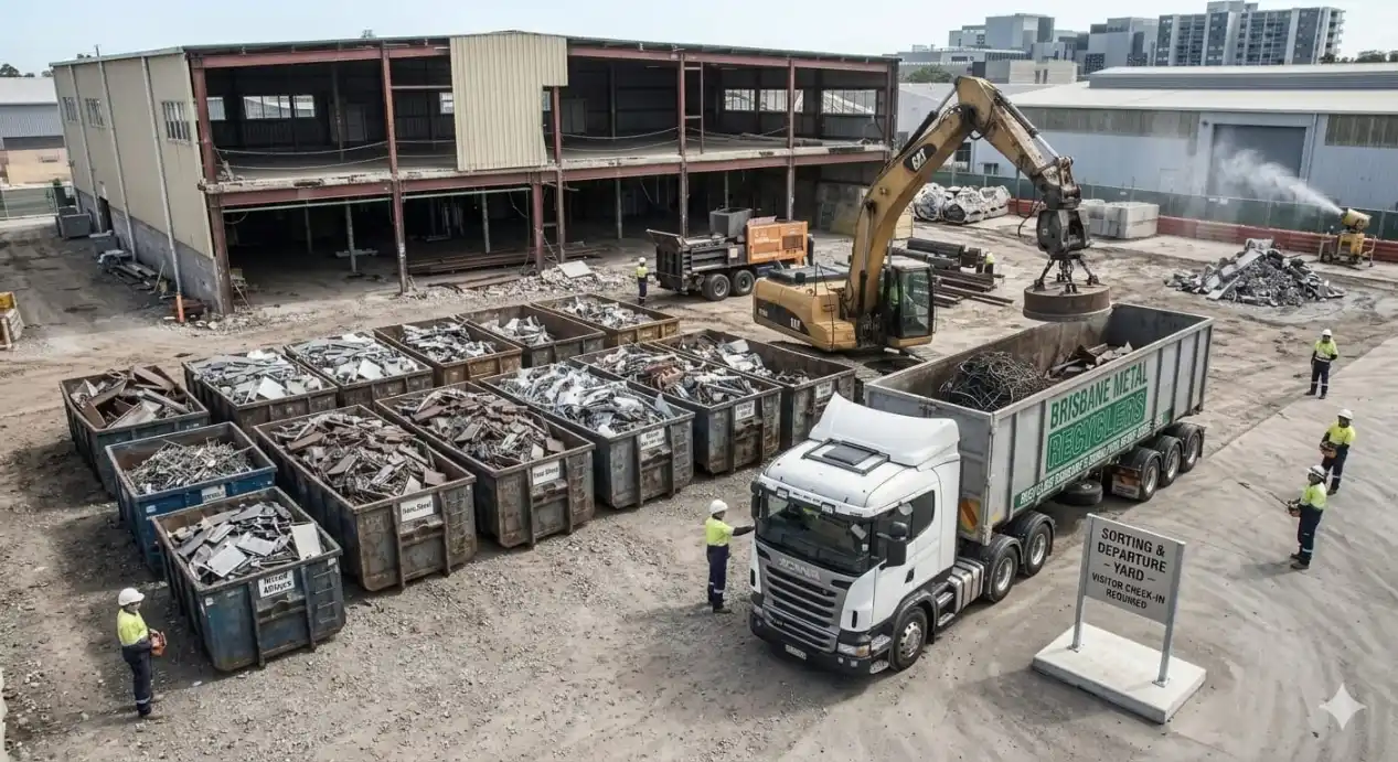 Rows of sorted scrap metal skip bins at an industrial sorting yard with an excavator loading a collection truck.