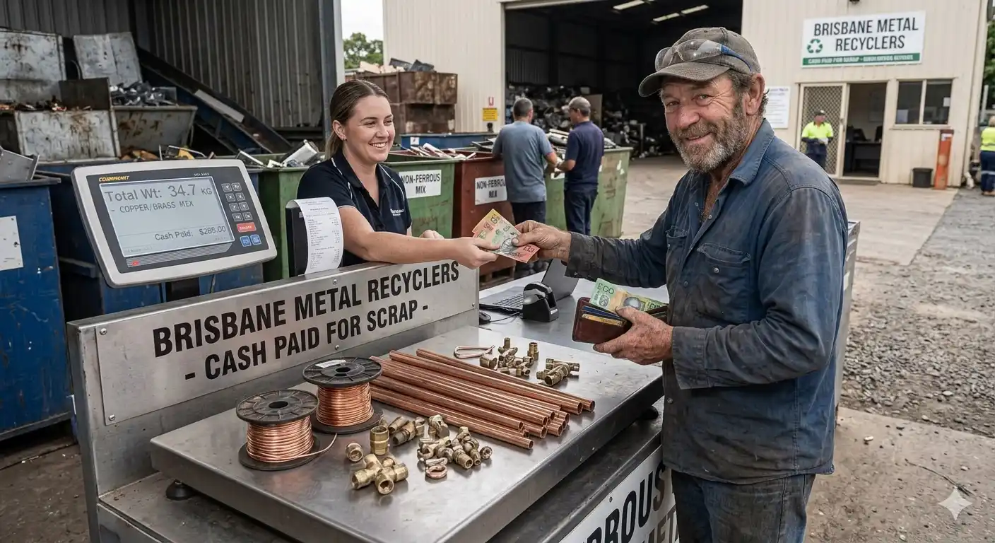 Man weighing a coil of bare bright copper wire on a digital scale in a home workshop, with copper pipes and fittings sorted into labeled bins by grade — #1, #2 and #3 copper.